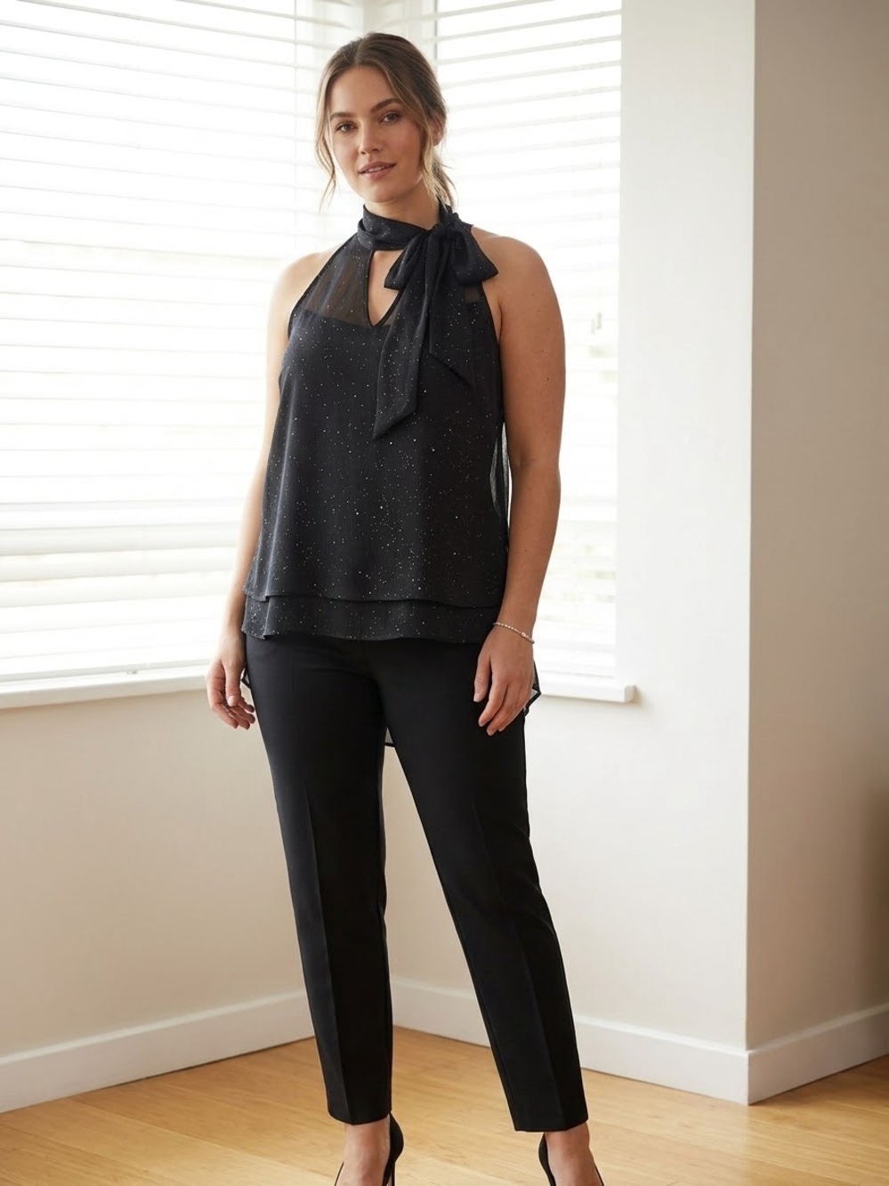Reitmans Black Sparkle Tie-Neck Halter Blouse